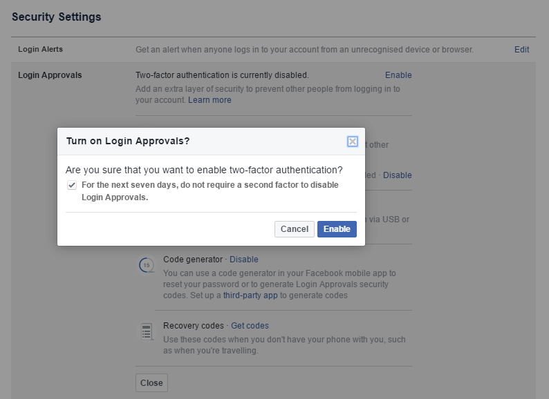 enable login authentication on Facebook